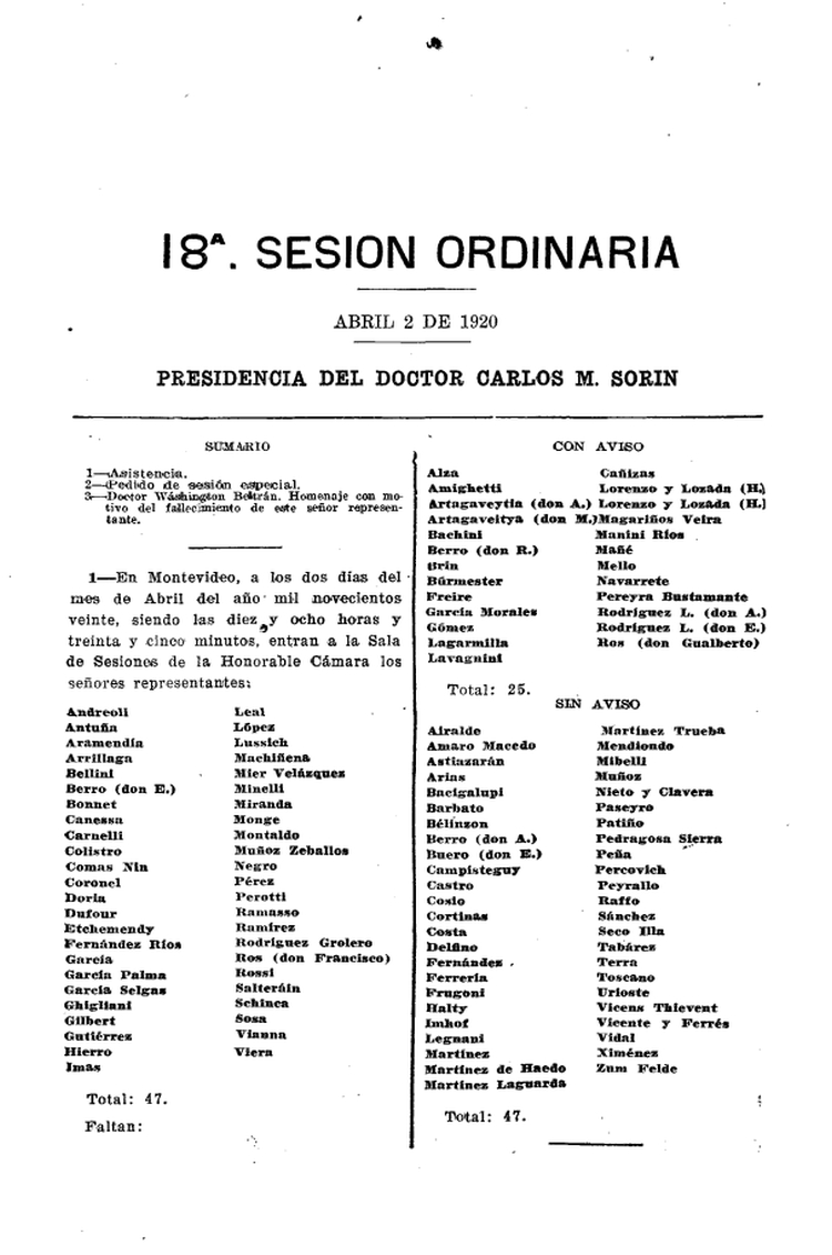 DIARIO DE SESIONES DE LA CAMARA DE REPRESENTANTES del 02/04/1920